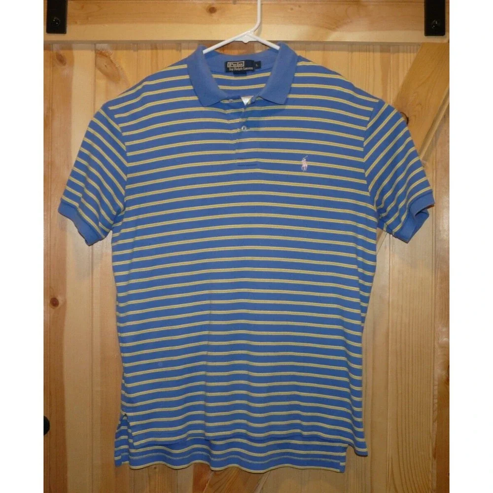 Polo Ralph Lauren Polo Shirt Mens Large Blue Yellow Striped Short Sleeve Pony